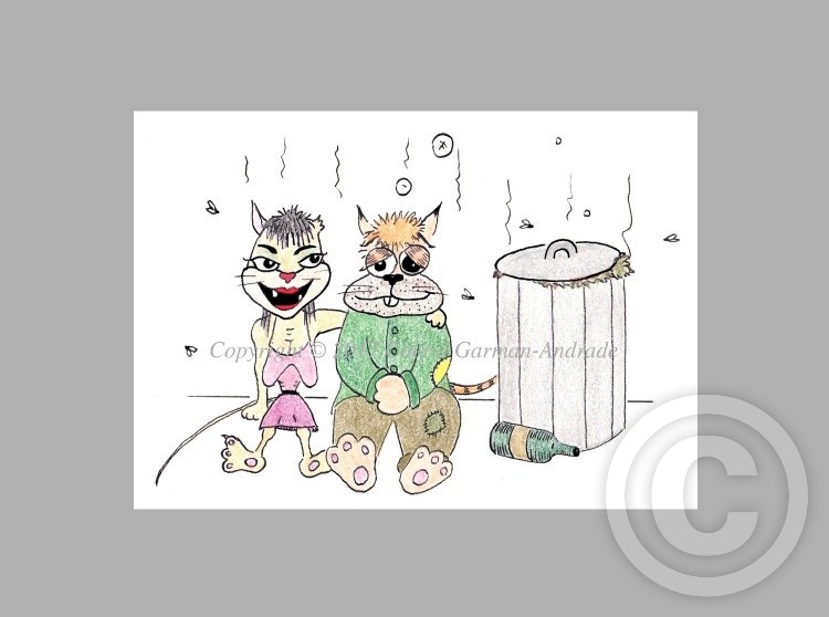Whimsical Bumkin the Drunkard Cat and Girlfriend Illustration 