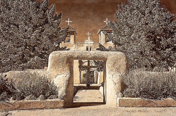Ranchos church gate in Pt-Pd on rice paper