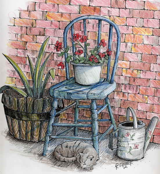 Geraniums and Blue Chair