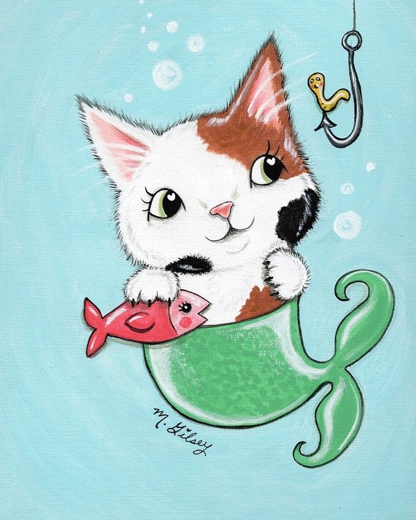 Purrmaid Calico Cat Acrylic Painting 