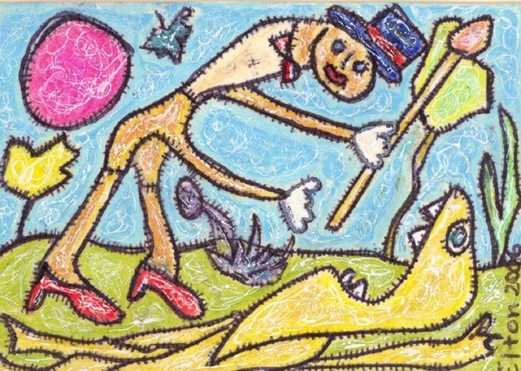 ACEO--CrossDressing Mr Peanut Man trounces detractor...(c)..2006..elton houck ELTONS ART TIME  VAULT