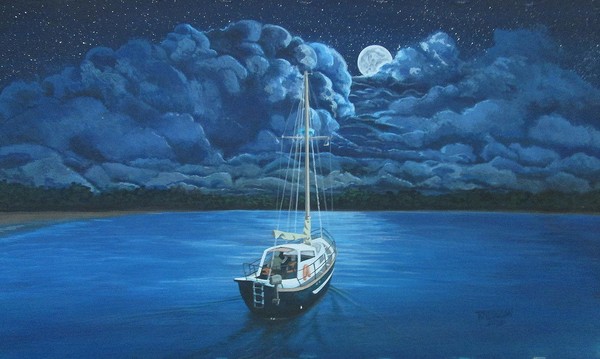 Boat Big Clouds And Full Moon 