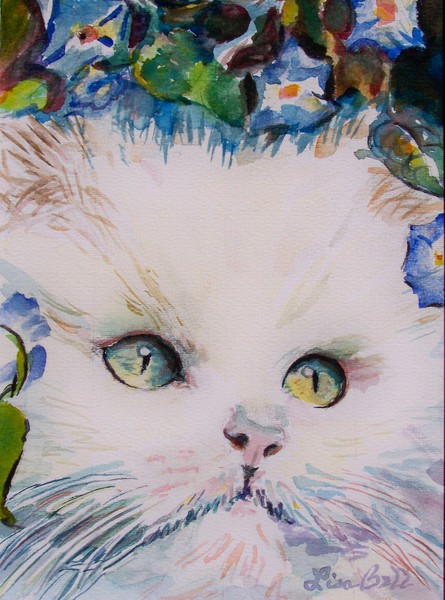 White Cat Watercolor Portrait 1994