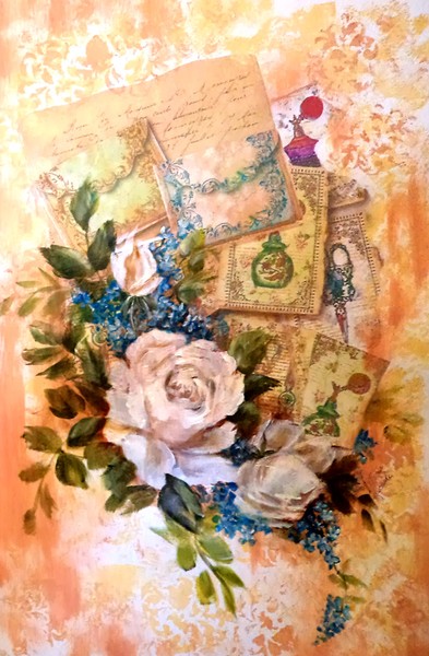 White roses and blue forgetmenots on decoupage