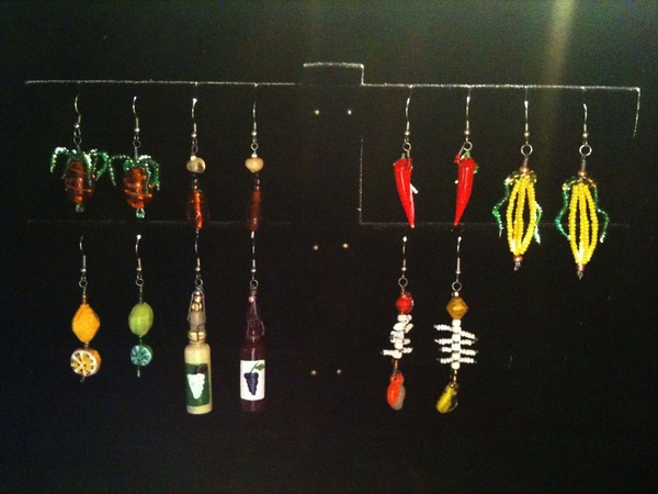 food earrings, detail of dinner set-up