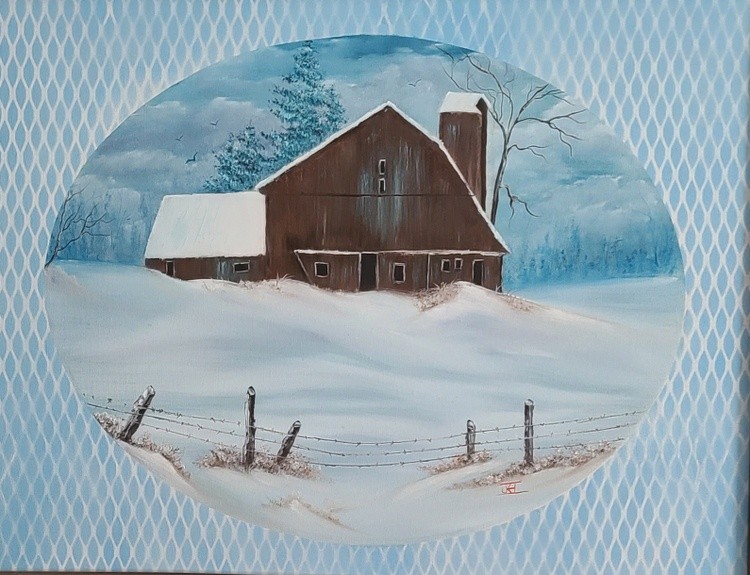 BARN IN WINTER. IN OIL