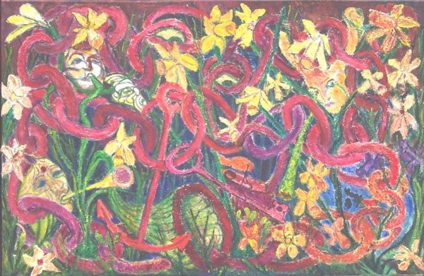 Flowers growing through chains