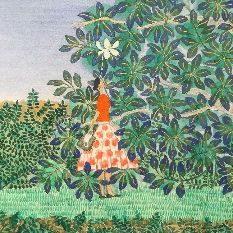 Under a Lapislazuli sky surriunded by Malachite bushes and magnolia tree she stood still allowing th