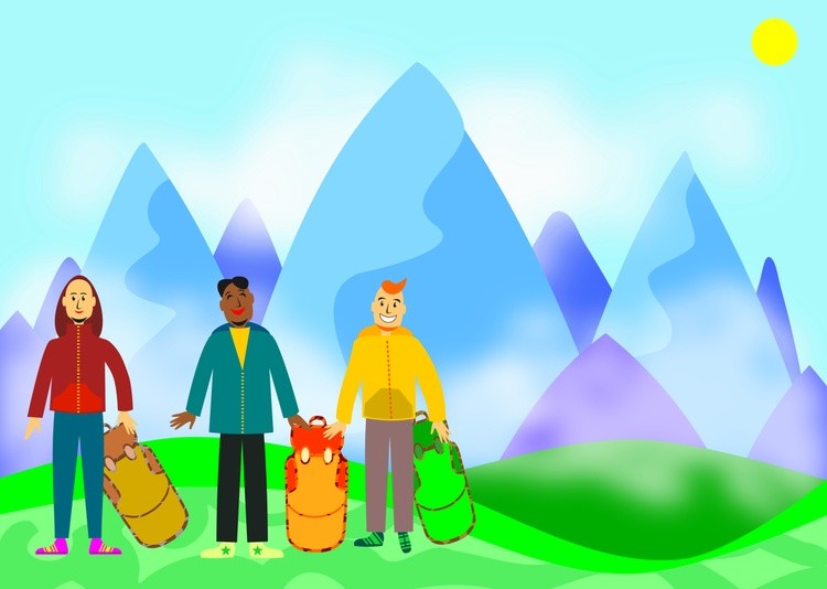 Three friends of the athlete with backpacks 