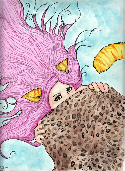 cat girl with leopard blanket