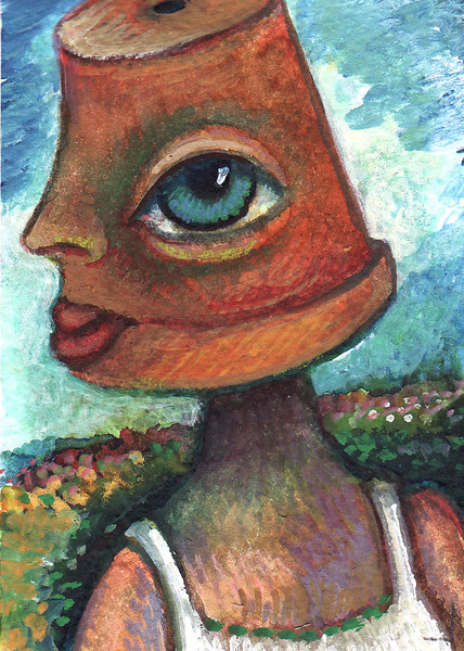 Red the ClayPotHead, Standing in Field of Flowers