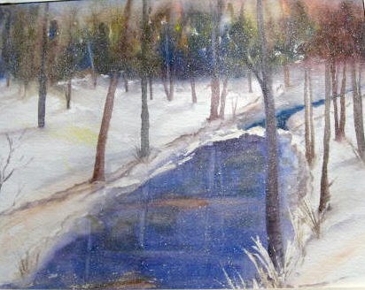 Snowy woods and stream