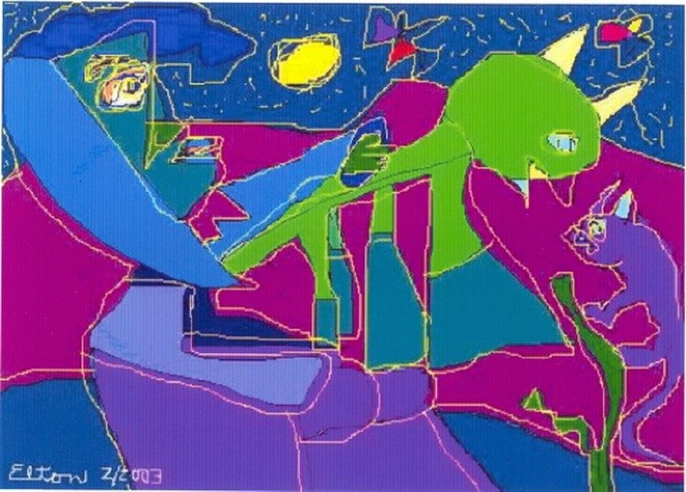 Blue Crone with Green Hell Cat & Purple Rat...rewind...../.digital  art (c) 2003 elton houck B