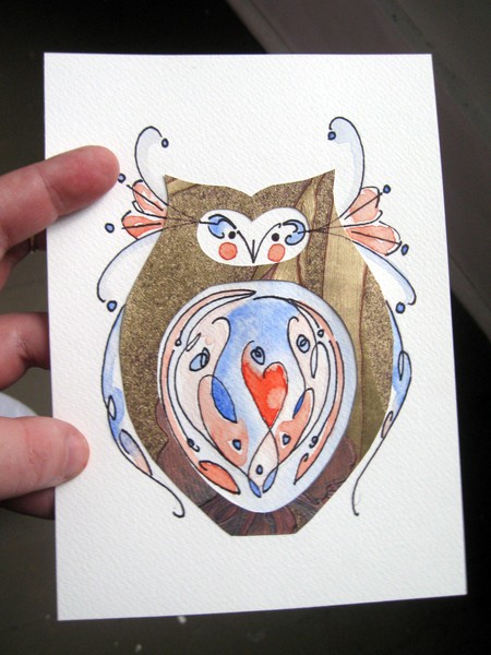 Rainy Day Owl. Mixed Media Mini Painting.
