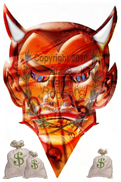Dealing with the devil collage;  corporate greed