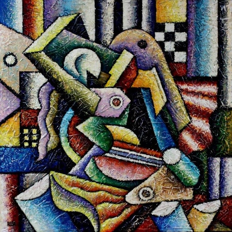 -- Colorful  musical  composition  # 14-- mixed  media  on  canvas  100x100cm