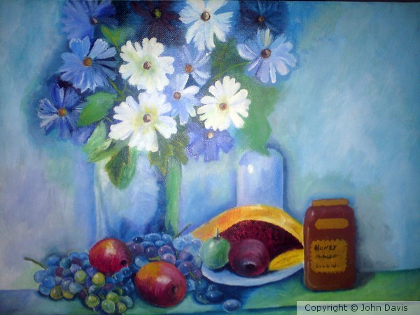 still life with fruits and flowers