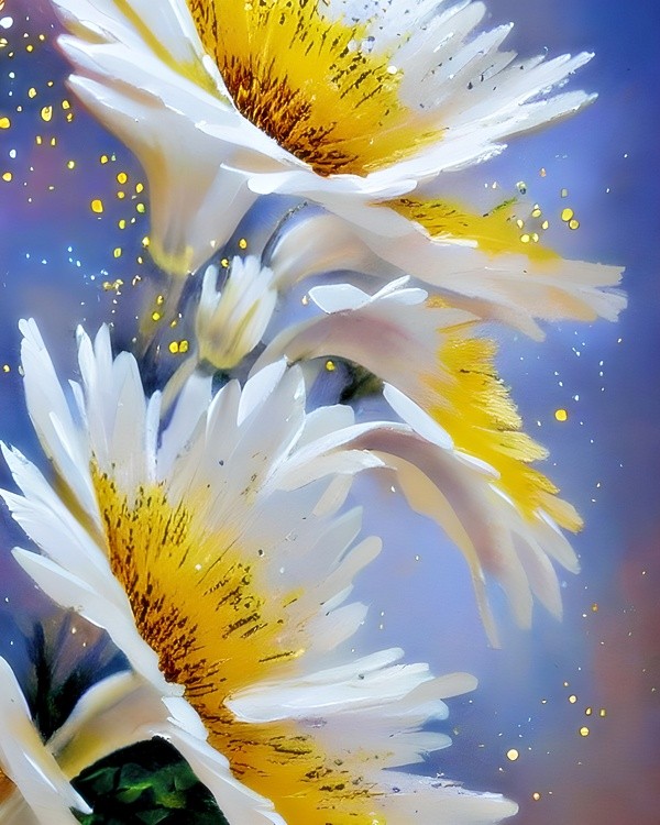 Painted bursting white and yellow blossoms