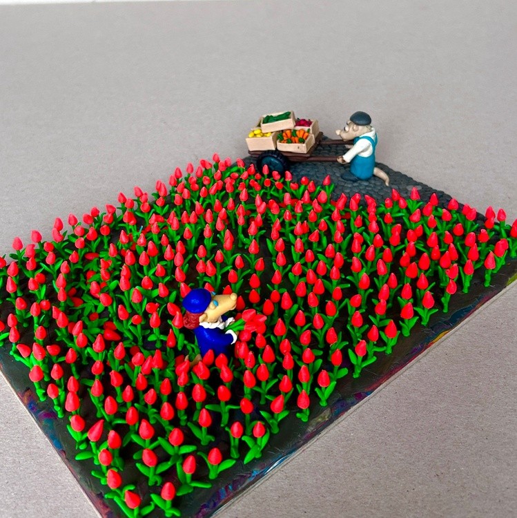 Tulips, plasticine, carboard, 25x17,5x5,5 cm