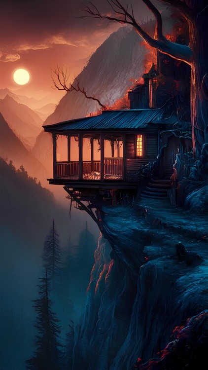 Wooden porch extending into a high mountain cliff