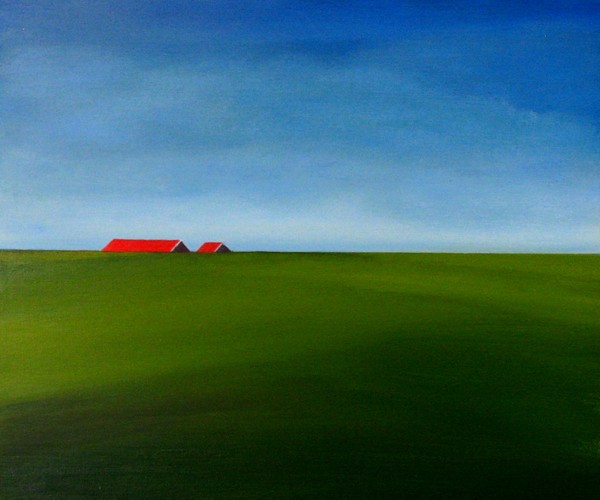 Red roofs, green land, blue sky