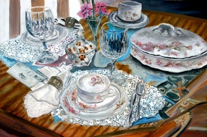 oil still life china tea set painting