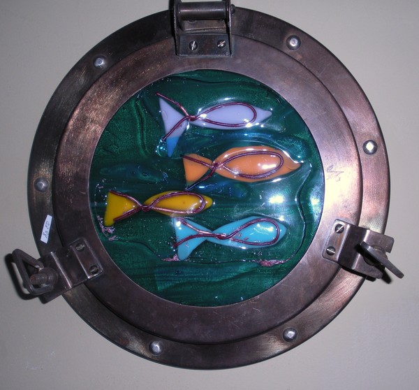 Porthole Colorful Fused Glass Copper Fishes