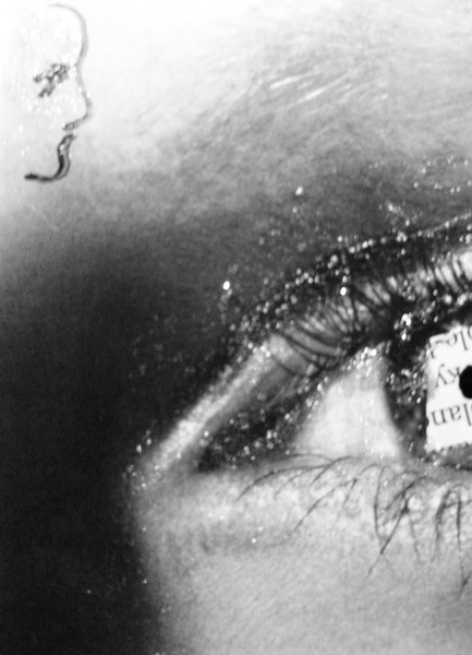 Surreal Collage, Eye, Text in Pupil, Glitter ACEO