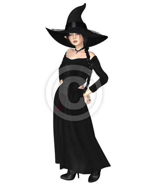 Young Witch in Black Hat and Dress