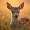Adorable spotted fawn resting peacefully in tall grasses during a beautiful golden hour sunset