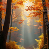 Golden autumn forest with sunlight beaming through trees onto a leaf-strewn path.