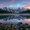 Majestic Moraine Lake with colorful aurora borealis reflections at dawn.