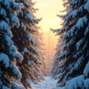 Tall evergreen trees covered in deep snow during a cold winter day