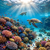 Two graceful sea turtles navigate a breathtaking vibrant coral reef underwater scene