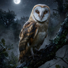 Captivating barn owl perched on a misty tree branch under a full moon.