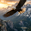 Majestic bald eagle soars with outstretched wings above a dramatic mountain range.