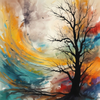 Tree Silhouette Amidst Colorful Swirl