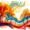 Vibrant Autumn Trees on Colorful Waves