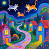 Three Cats Soar Over Vibrant Village