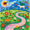 Whimsical Meadow with Colorful Dogs