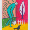 man with pail and crow