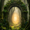 Ancient moss covered stone archway leads into mystic sunlit forest