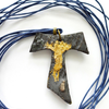 Pottery Studio Stoneware ceramic 22K Gold Blue glaze Tau cross pendant, necklace, saint francis cros
