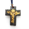 Pottery Studio Stoneware ceramic 22K Gold Blue glaze Tau cross pendant, necklace, saint francis cros