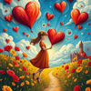 Girl Floating with Heart Balloons