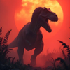 Mighty tyrannosaurus rex dinosaur roars under a glowing red prehistoric sunset.