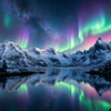 Vibrant aurora borealis lights illuminate snow capped mountains above a calm lake