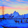 Tetons Sunset in Winter - with Deer