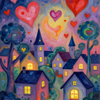 Whimsical Village Under a Heart-Filled Sky