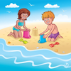 Girl  & Boy Making Sand Castles At The Beach